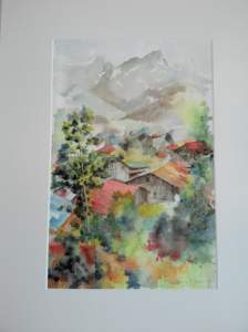 village de montagne peint par Marc Desreumaux